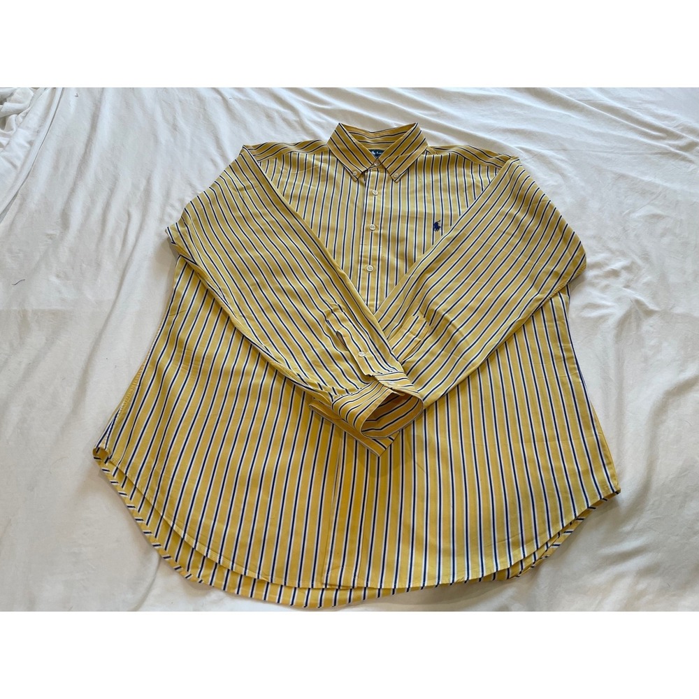 Polo Ralph Lauren Mens Yellow Navy Blue Striped Long Sleeve Button Down Shirt